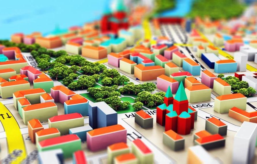 创意抽象GPS卫星导航, travel, tourism and location route planning business concept: 3D render illustration of the macro view of miniature color city map with 3D buildings with selective focus effect 